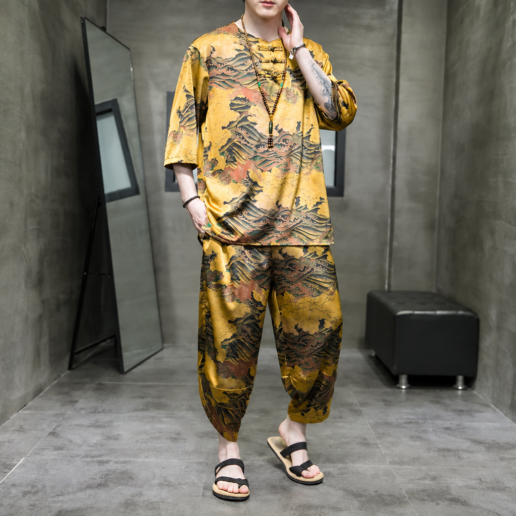 Men's ice silk Tang suit t-shirt and harem pants set gold