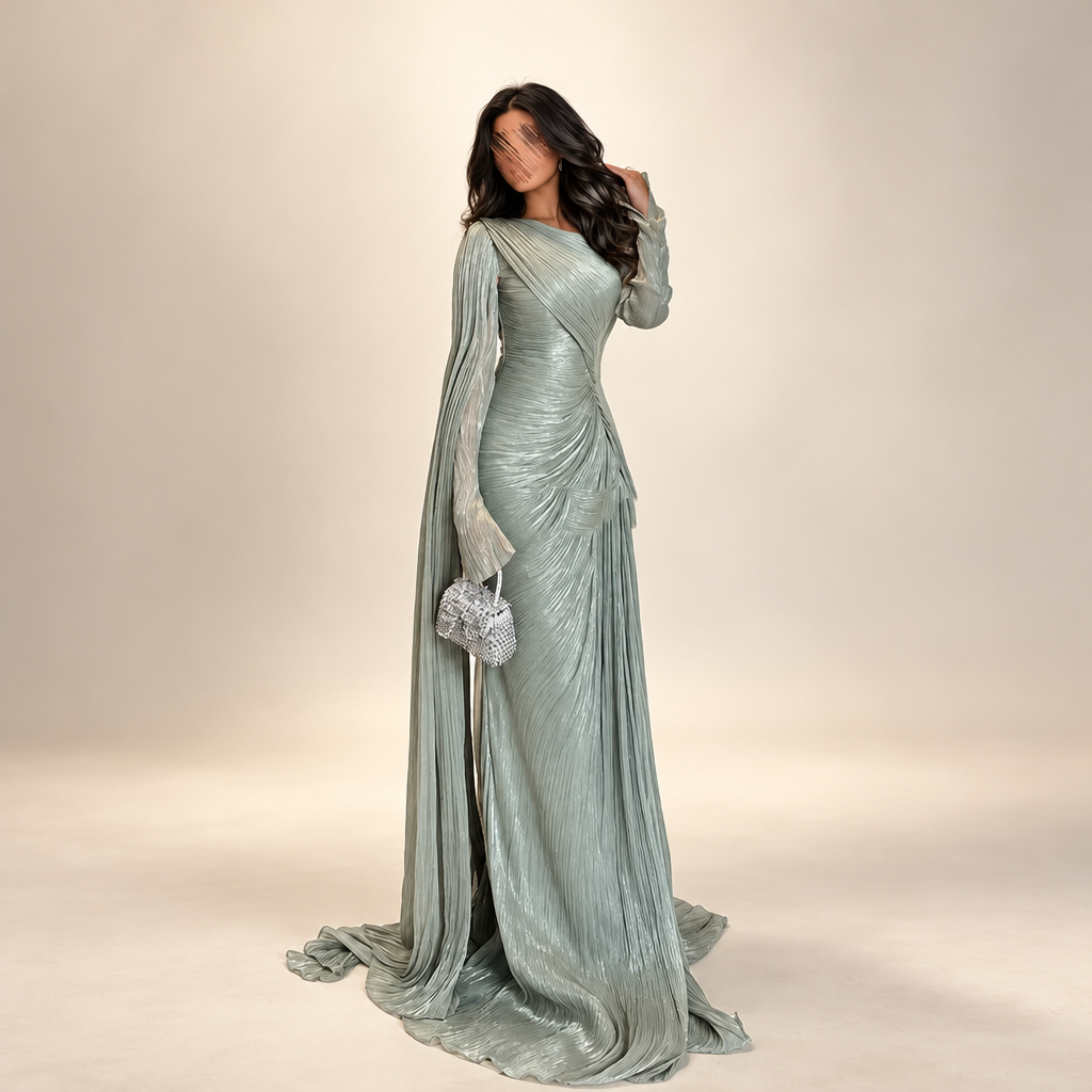 Women's sage green metallic A-line evening gown clean product photo