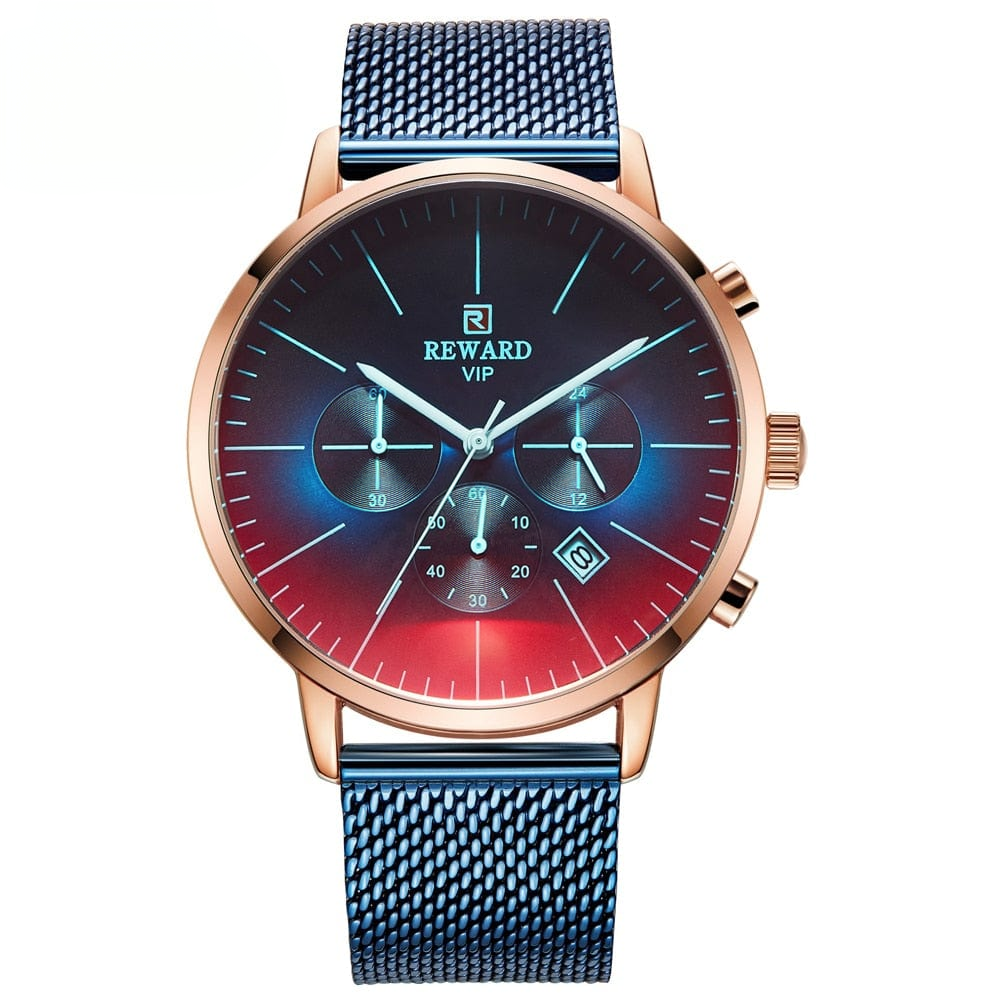 Men's stainless steel chronograph business watch rose gold blue mesh clean product photo
