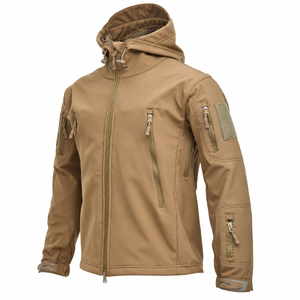 Men's coyote brown softshell tactical hooded jacket clean product photo