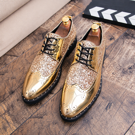 Men's gold patent leather brogue oxford dress shoes