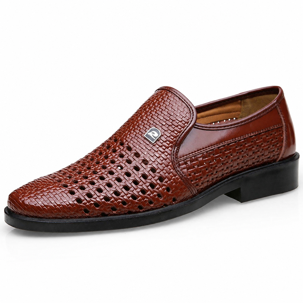 Men's breathable leather loafers casual slip-on brown woven