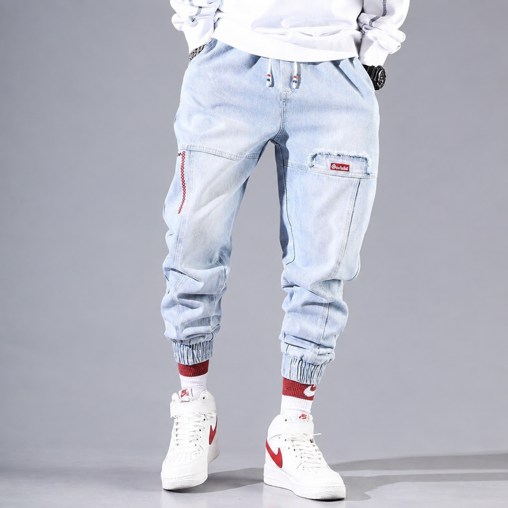 Men's cargo joggers elastic waist streetwear pants light blue