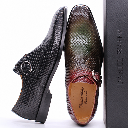 Men's genuine leather monk strap loafers slip-on woven