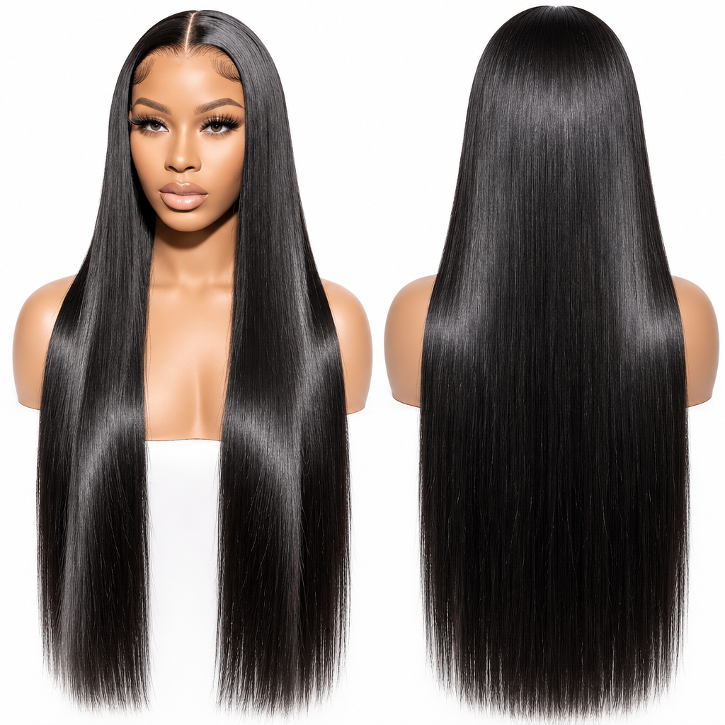 Bone straight glueless HD lace wig back view length