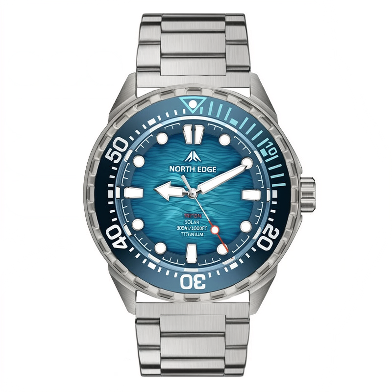 Men's titanium solar-powered 300M diving quartz watch steel bracelet clean product photo