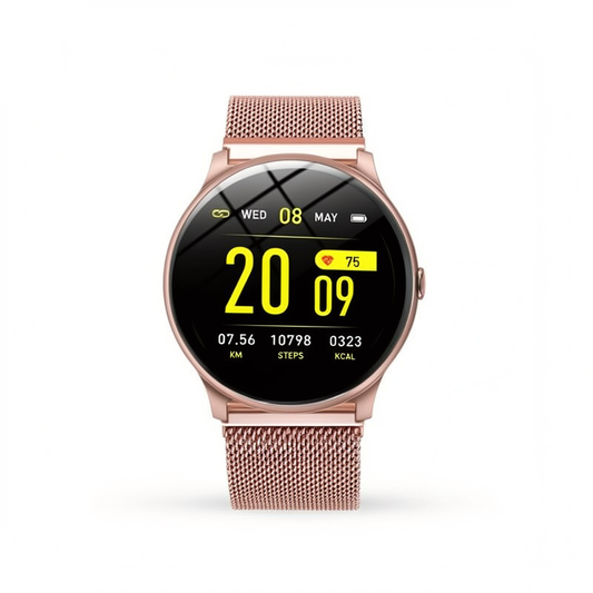 Rose gold mesh smart watch clean product photo