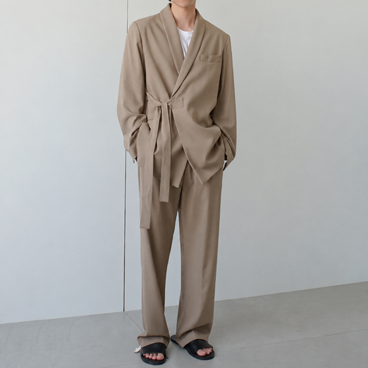 Men's belted cotton suit coat Korean trend blazer taupe
