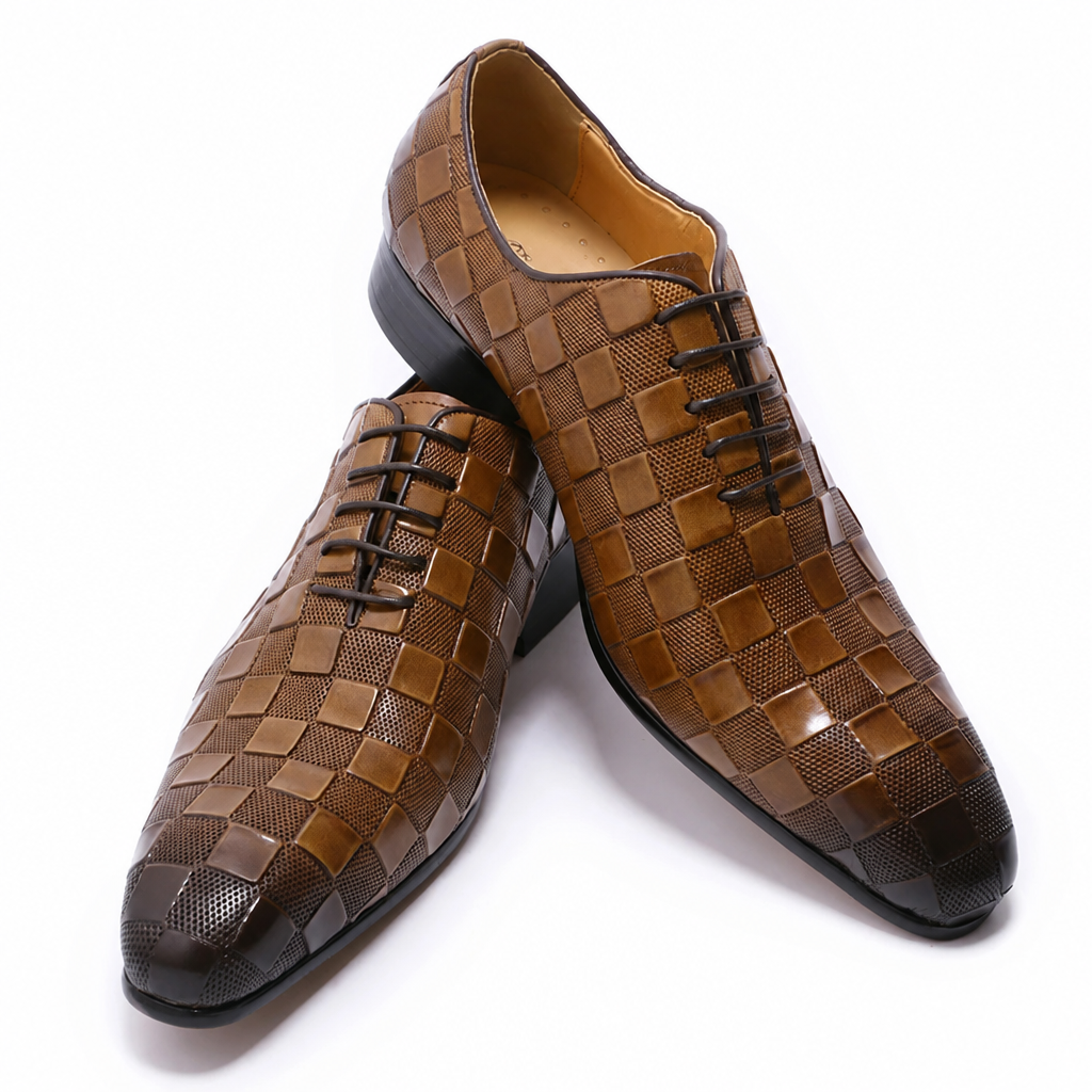 Men's Italian leather plaid print lace-up oxford wedding shoes