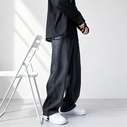 Men's loose straight black cargo denim pants