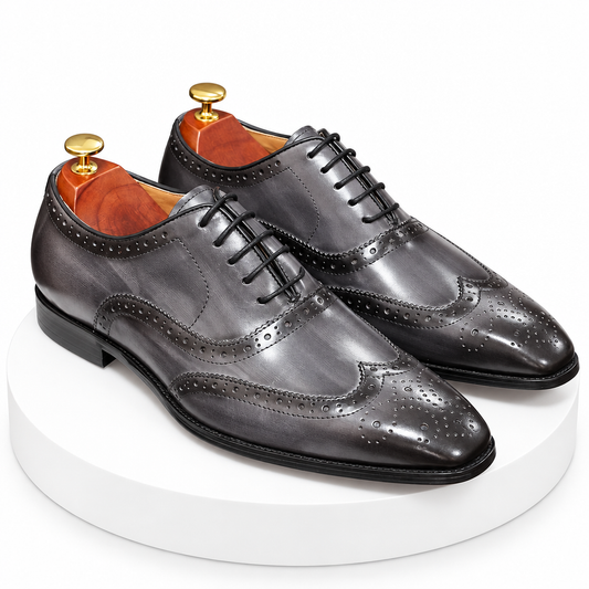 Men's grey handmade leather wingtip oxford dress shoes clean product photo