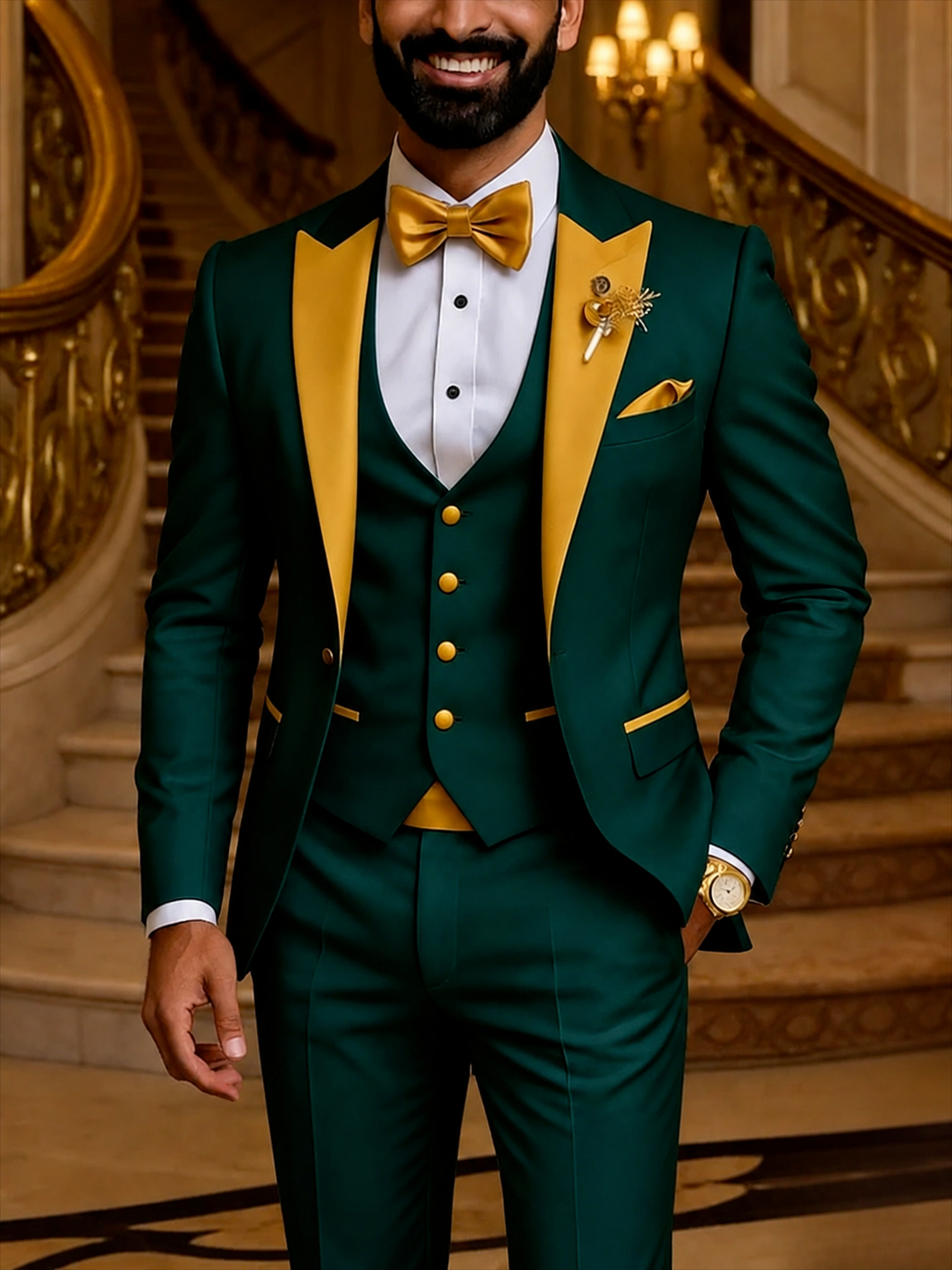 Men's burgundy gold 3-piece tuxedo suit clean product photo
