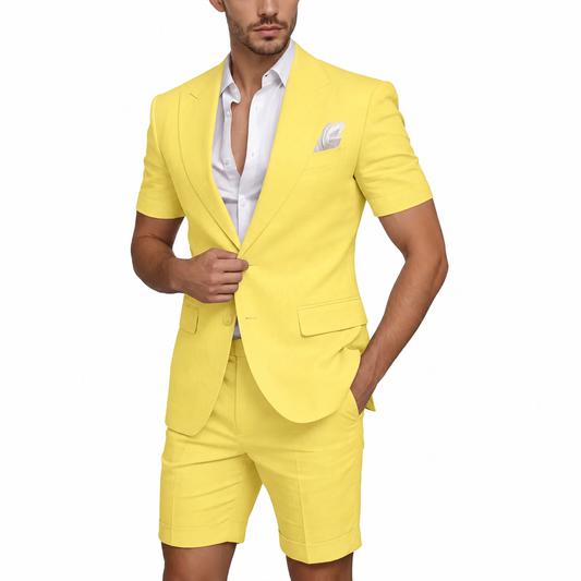 Men's yellow slim fit linen beach wedding short suit 2-piece