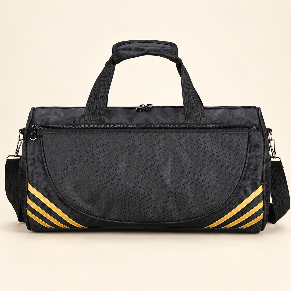 Black ultralight gym duffle bag with gold stripes
