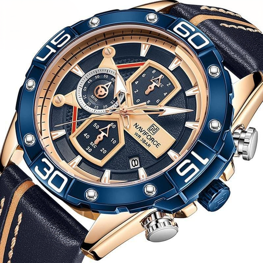 Men's military chronograph blue leather sport watch clean product photo