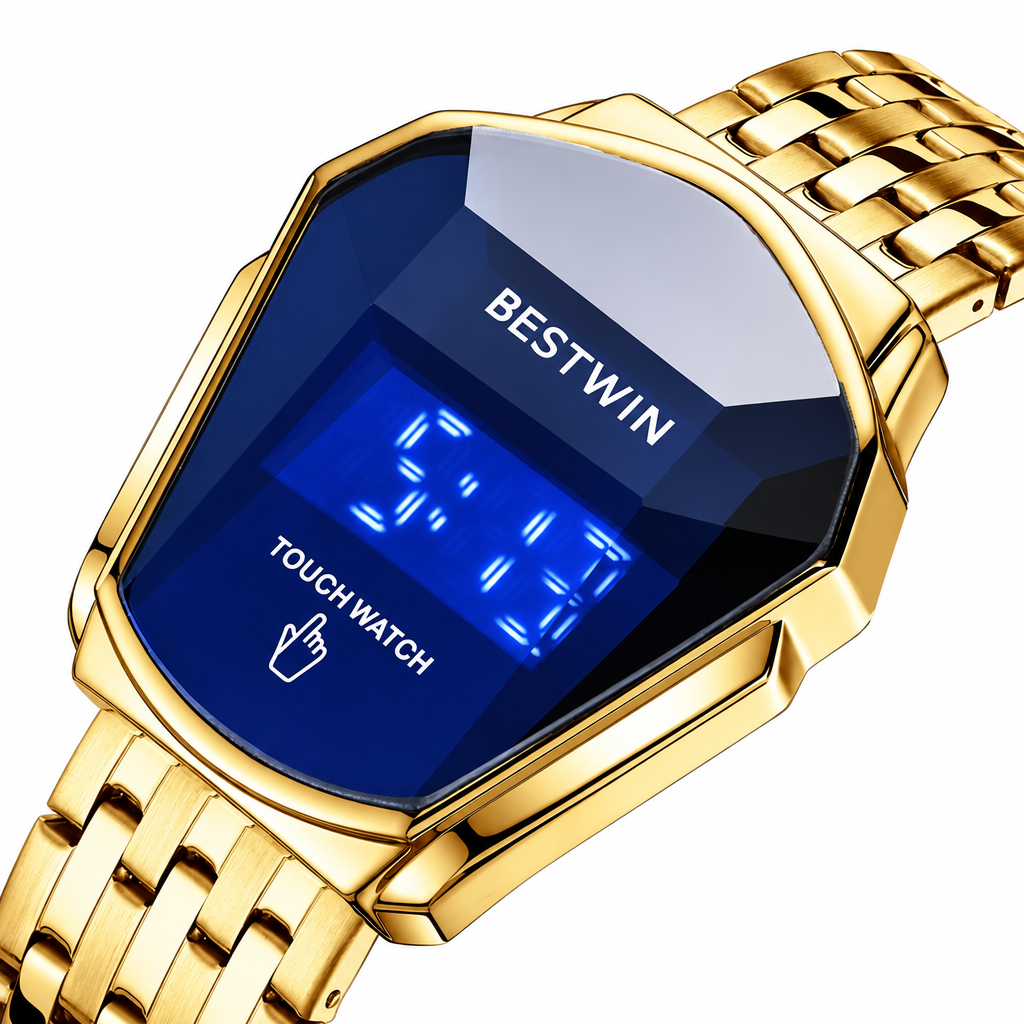 Men's gold steel digital touch LED wristwatch clean product photo