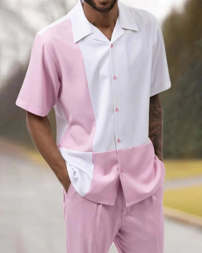 Summer new printed men's top + trousers casual suit shirt pants 2-piece fashion men's Harajuku retro party outdoor men