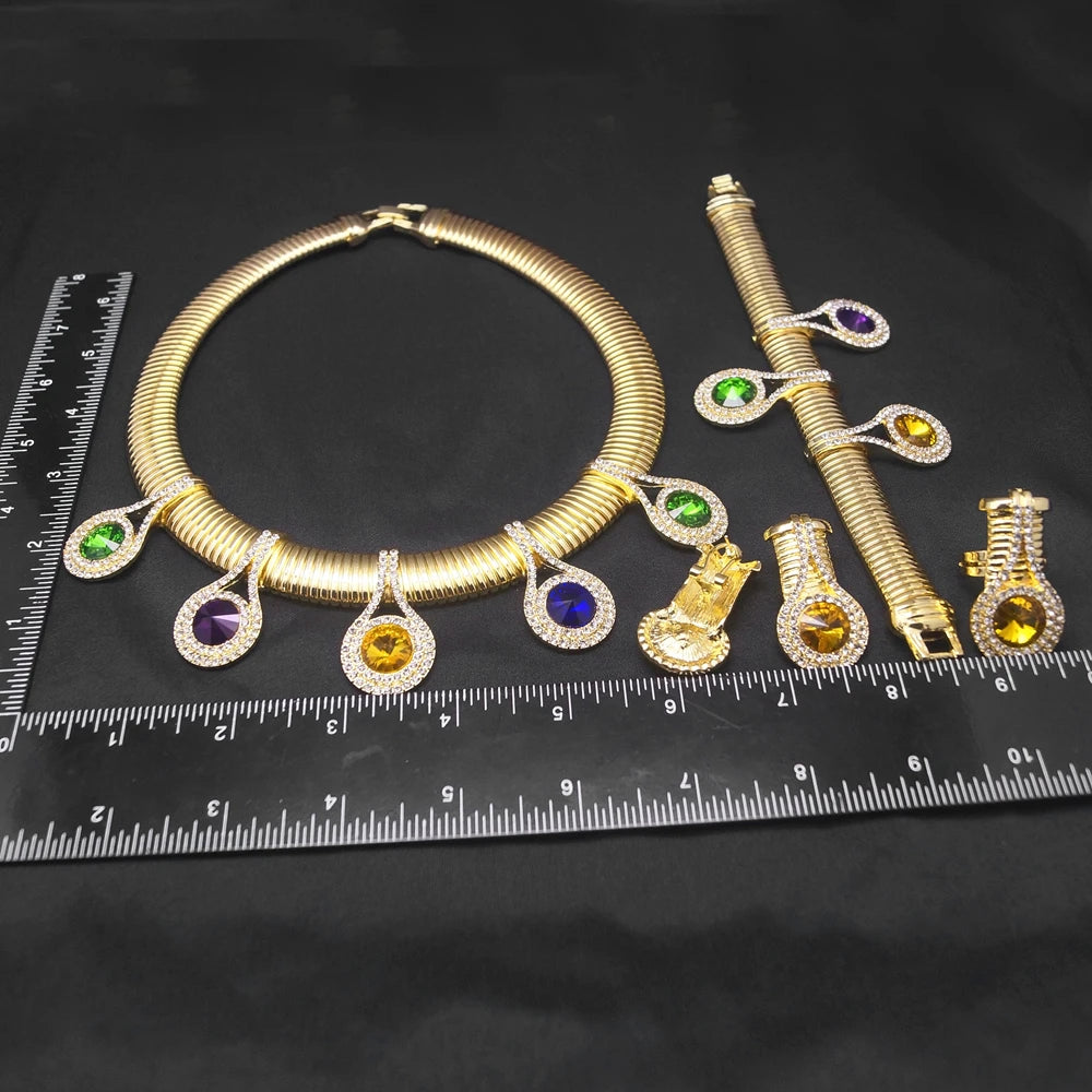 Women Jewelry Set 24k Original Necklace Gorgeous Colorful Stone Simple Fashion Earring Bracelet Luxury Wedding  Banquet Jewelry