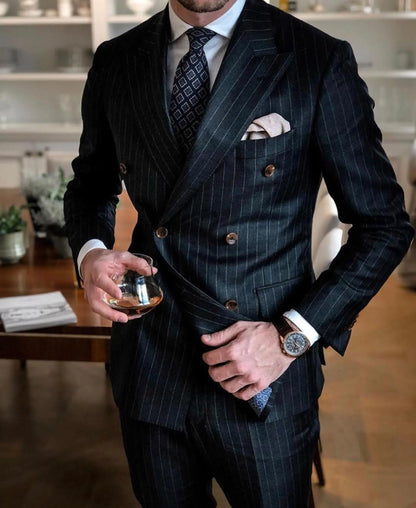 Black Stripe Men Suits Double Breasted Blazer Latest Coat Pant Designs Slim Fit 2Piece Tuxedos Custom Made Groom Prom Ternos
