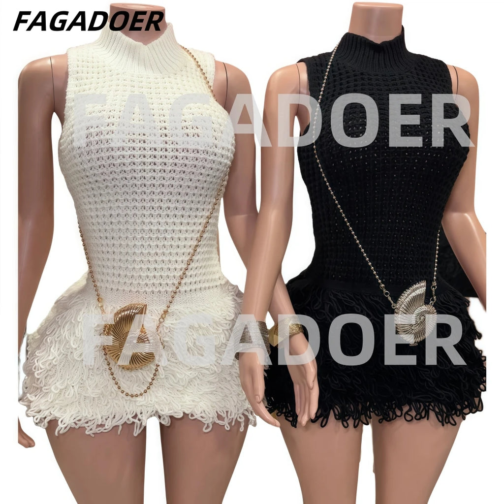 FAGADOER Fashion Tassels Hollow Out Splicing Mini Dresses 2024 Women Round Neck Sleeveless Slim Vestidos Elegant Lady Clothing