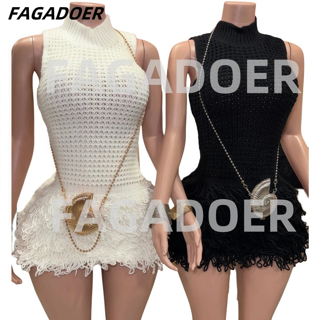 FAGADOER Fashion Tassels Hollow Out Splicing Mini Dresses 2024 Women Round Neck Sleeveless Slim Vestidos Elegant Lady Clothing