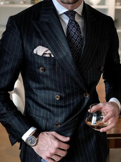 Black Stripe Men Suits Double Breasted Blazer Latest Coat Pant Designs Slim Fit 2Piece Tuxedos Custom Made Groom Prom Ternos