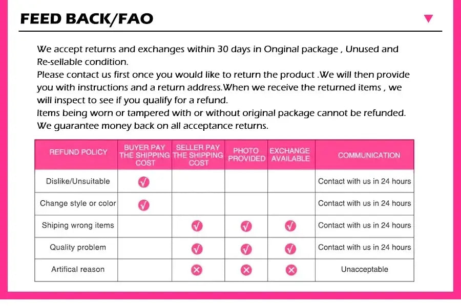 Feedback and FAQ return policy table listing conditions for product return, shipping costs, and communication details.