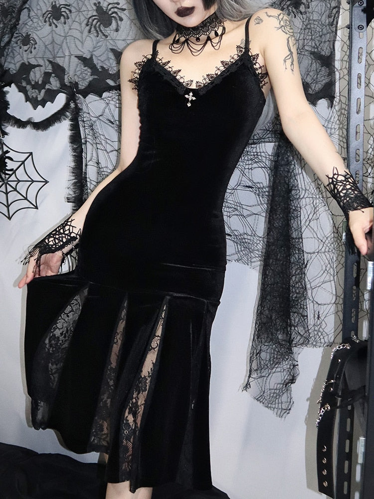 InsGoth Sexy Spaghetti Strap Backless Velvet Woman Long Dress Gothic Cross Black Lace Patchwork Maxi Robe Harajuku Emo Partywear