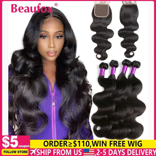 Beaufox Body Wave Bundles With Closure Brazilian Hair Weave 3/4 Bundles With Closure Natural Human Hair Bundles With Closure.