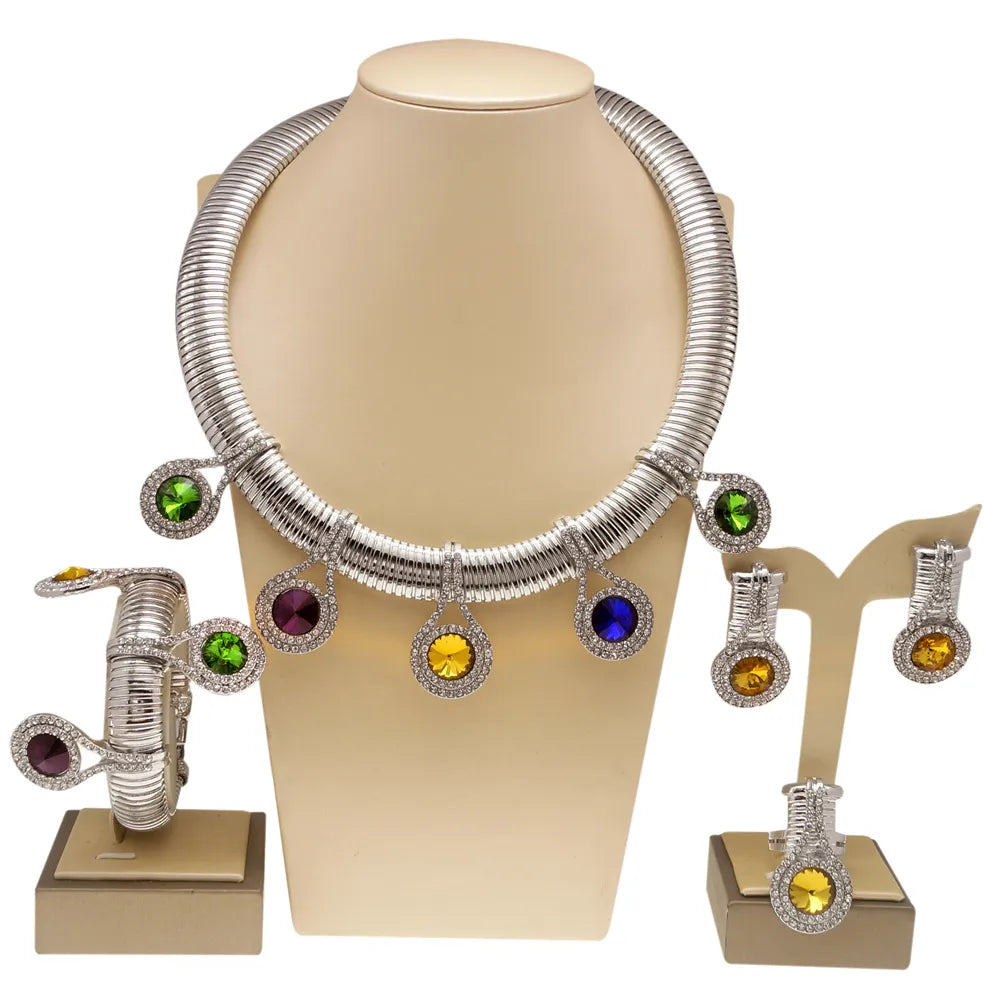 Women Jewelry Set 24k Original Necklace Gorgeous Colorful Stone Simple Fashion Earring Bracelet Luxury Wedding  Banquet Jewelry