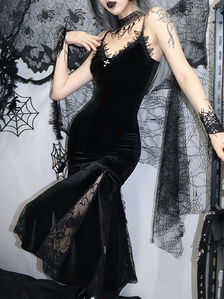 InsGoth Sexy Spaghetti Strap Backless Velvet Woman Long Dress Gothic Cross Black Lace Patchwork Maxi Robe Harajuku Emo Partywear