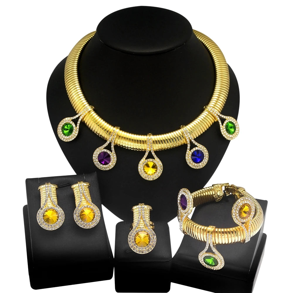 Women Jewelry Set 24k Original Necklace Gorgeous Colorful Stone Simple Fashion Earring Bracelet Luxury Wedding  Banquet Jewelry