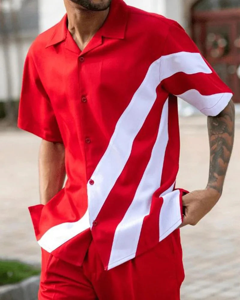 Summer new printed men's top + trousers casual suit shirt pants 2-piece fashion men's Harajuku retro party outdoor men