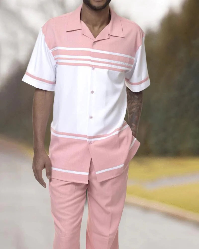 Summer new printed men's top + trousers casual suit shirt pants 2-piece fashion men's Harajuku retro party outdoor men