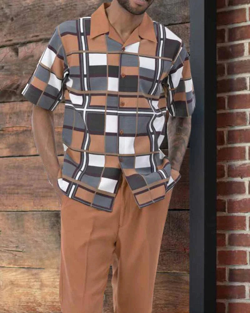 Summer new printed men's top + trousers casual suit shirt pants 2-piece fashion men's Harajuku retro party outdoor men