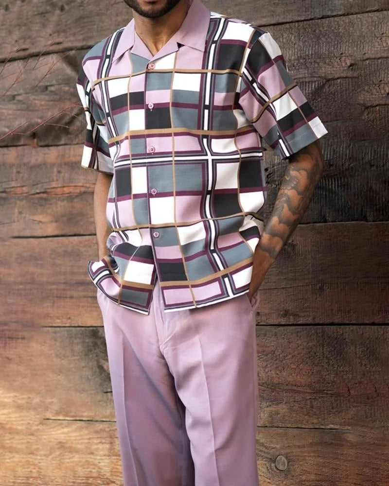 Summer new printed men's top + trousers casual suit shirt pants 2-piece fashion men's Harajuku retro party outdoor men