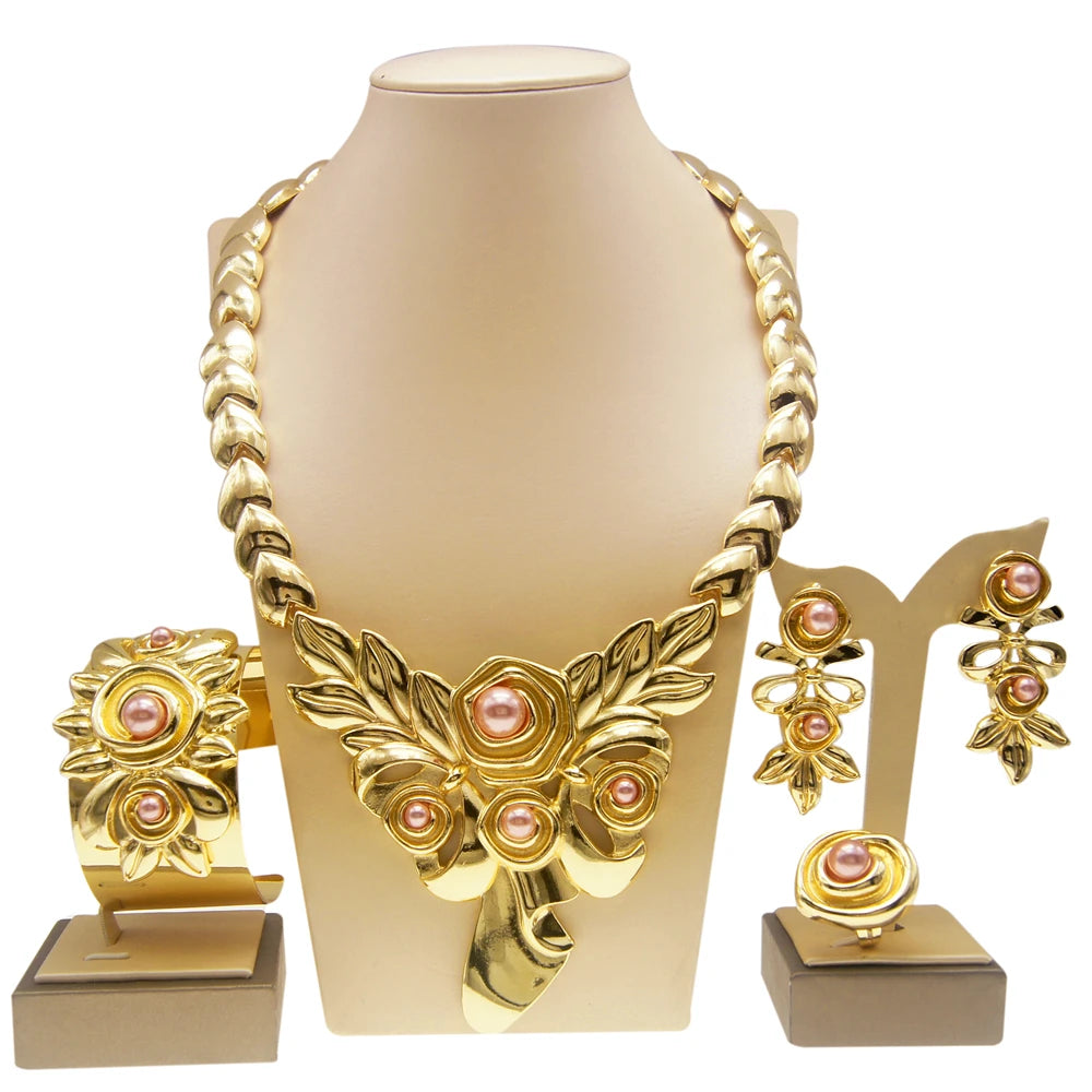 Womens Jewelry Set Gold Plated Necklace Earrings Ring Bracelet Fashion Accessories Free Shipping to Nigeria H00211