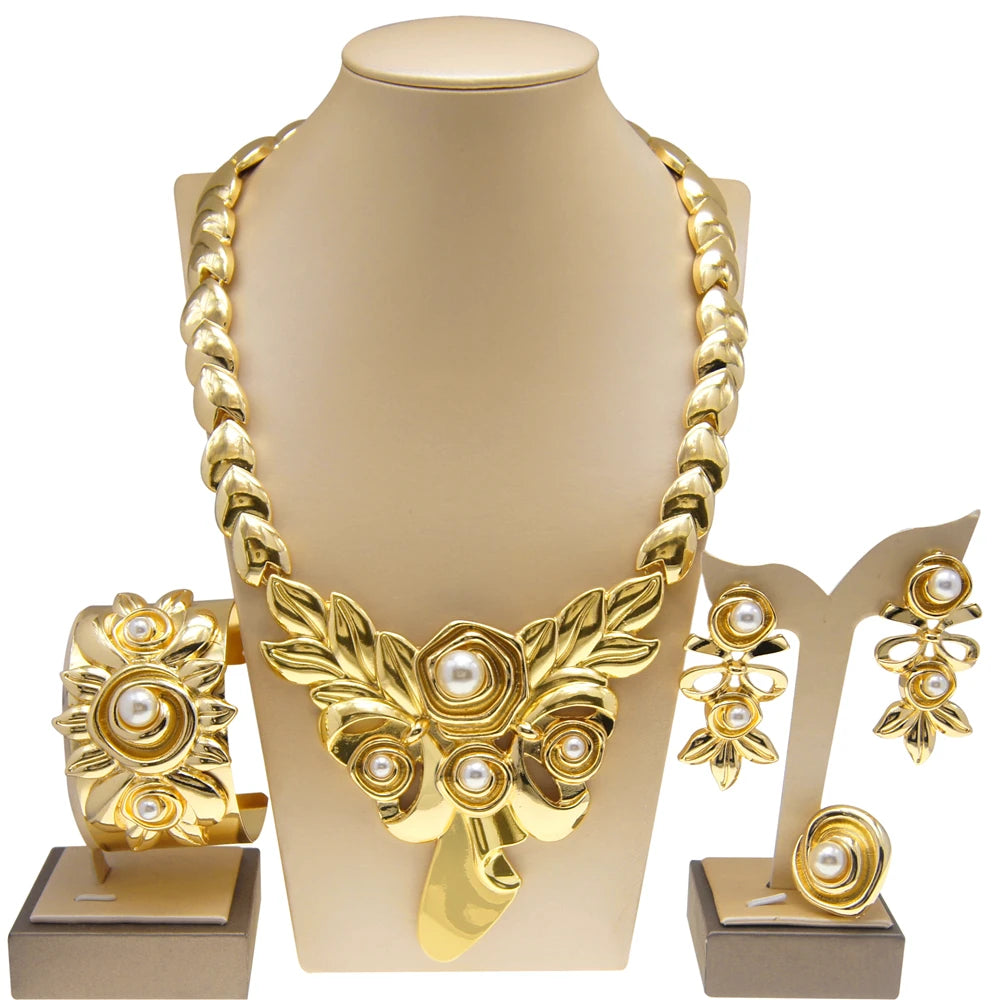 Womens Jewelry Set Gold Plated Necklace Earrings Ring Bracelet Fashion Accessories Free Shipping to Nigeria H00211