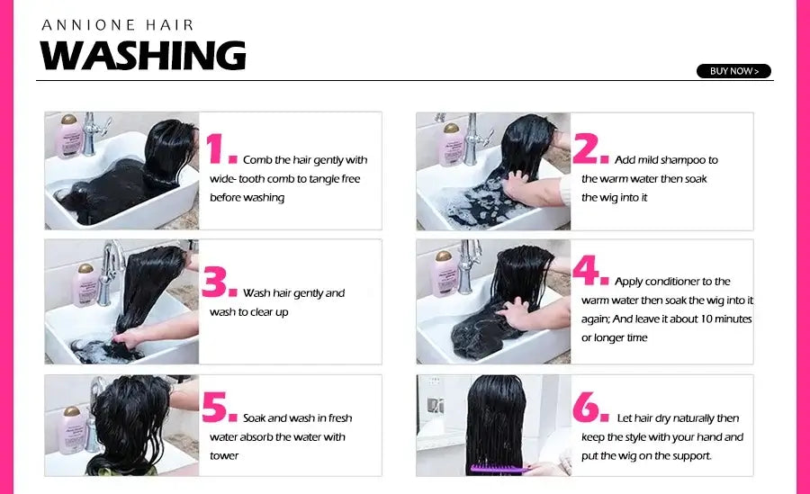 Instructional guide for washing hair, including combing and using shampoo, conditioner, and drying tips.