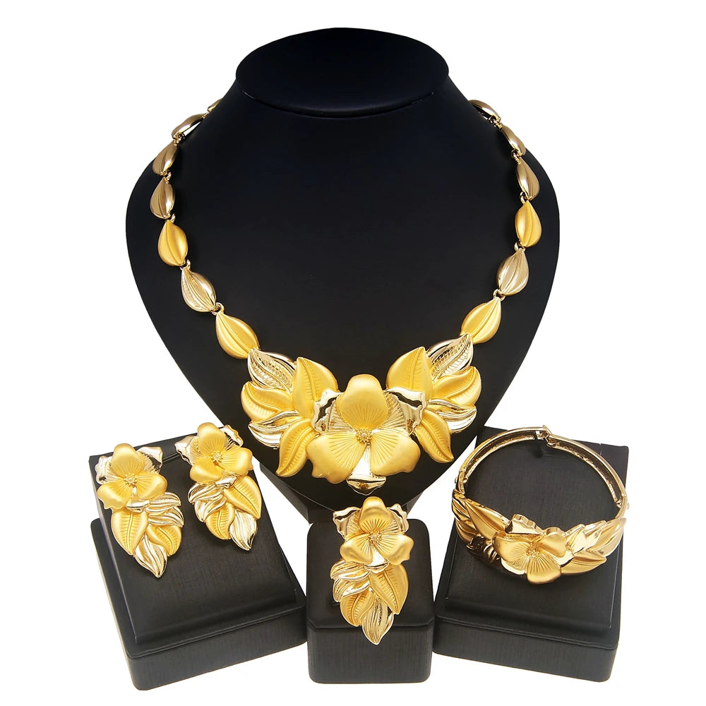 Women Necklace Earrings Ring Bracelet Jewelry Set Bud Pendant Gold Plated Luxury Nigeria Dubai Gold Jewelry Set Women