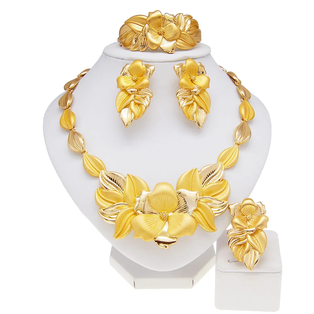 Women Necklace Earrings Ring Bracelet Jewelry Set Bud Pendant Gold Plated Luxury Nigeria Dubai Gold Jewelry Set Women