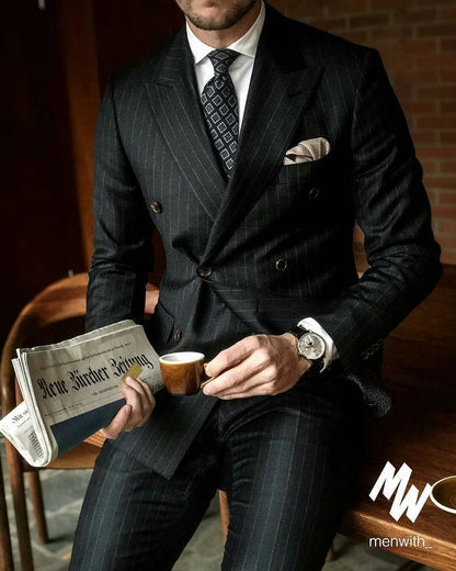 Black Stripe Men Suits Double Breasted Blazer Latest Coat Pant Designs Slim Fit 2Piece Tuxedos Custom Made Groom Prom Ternos