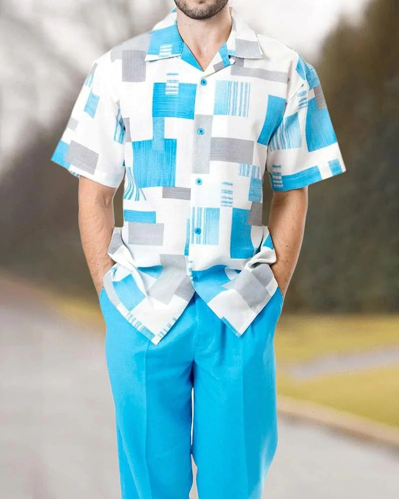 Summer new printed men's top + trousers casual suit shirt pants 2-piece fashion men's Harajuku retro party outdoor men