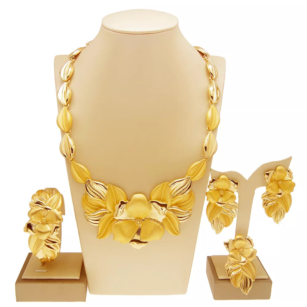 Women Necklace Earrings Ring Bracelet Jewelry Set Bud Pendant Gold Plated Luxury Nigeria Dubai Gold Jewelry Set Women