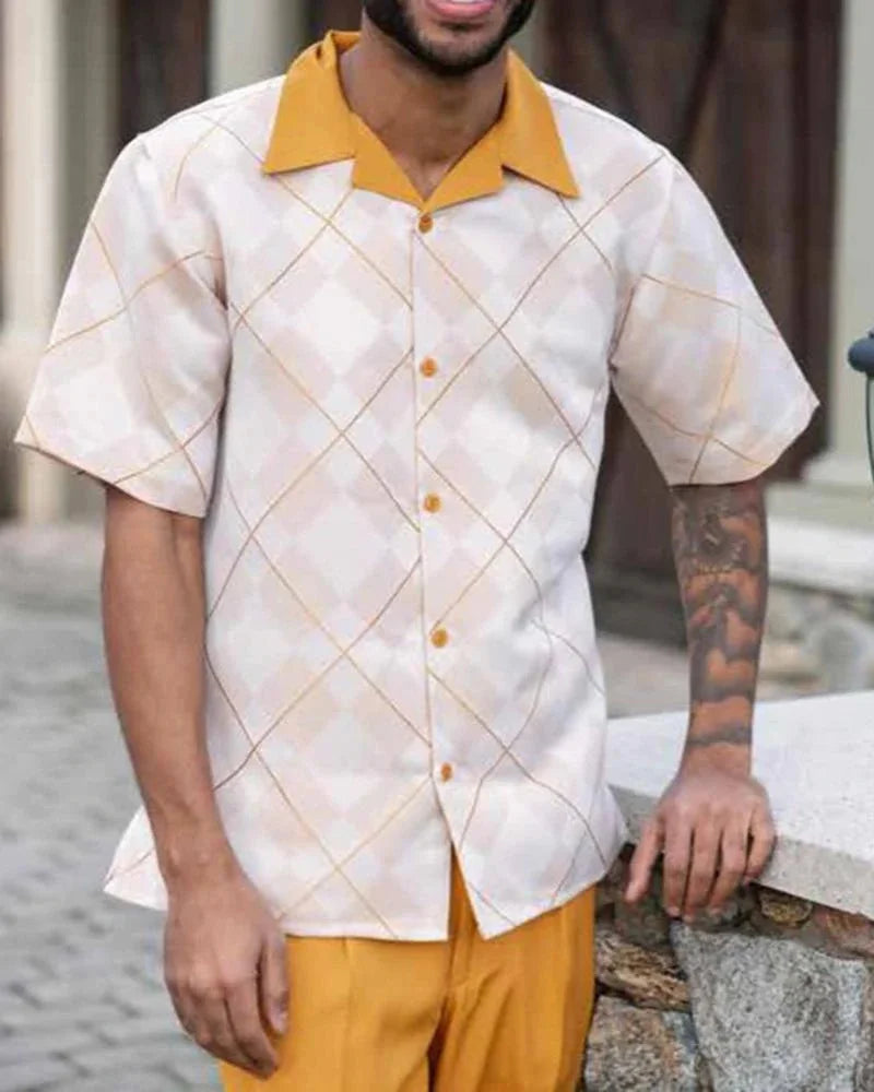 Summer new printed men's top + trousers casual suit shirt pants 2-piece fashion men's Harajuku retro party outdoor men