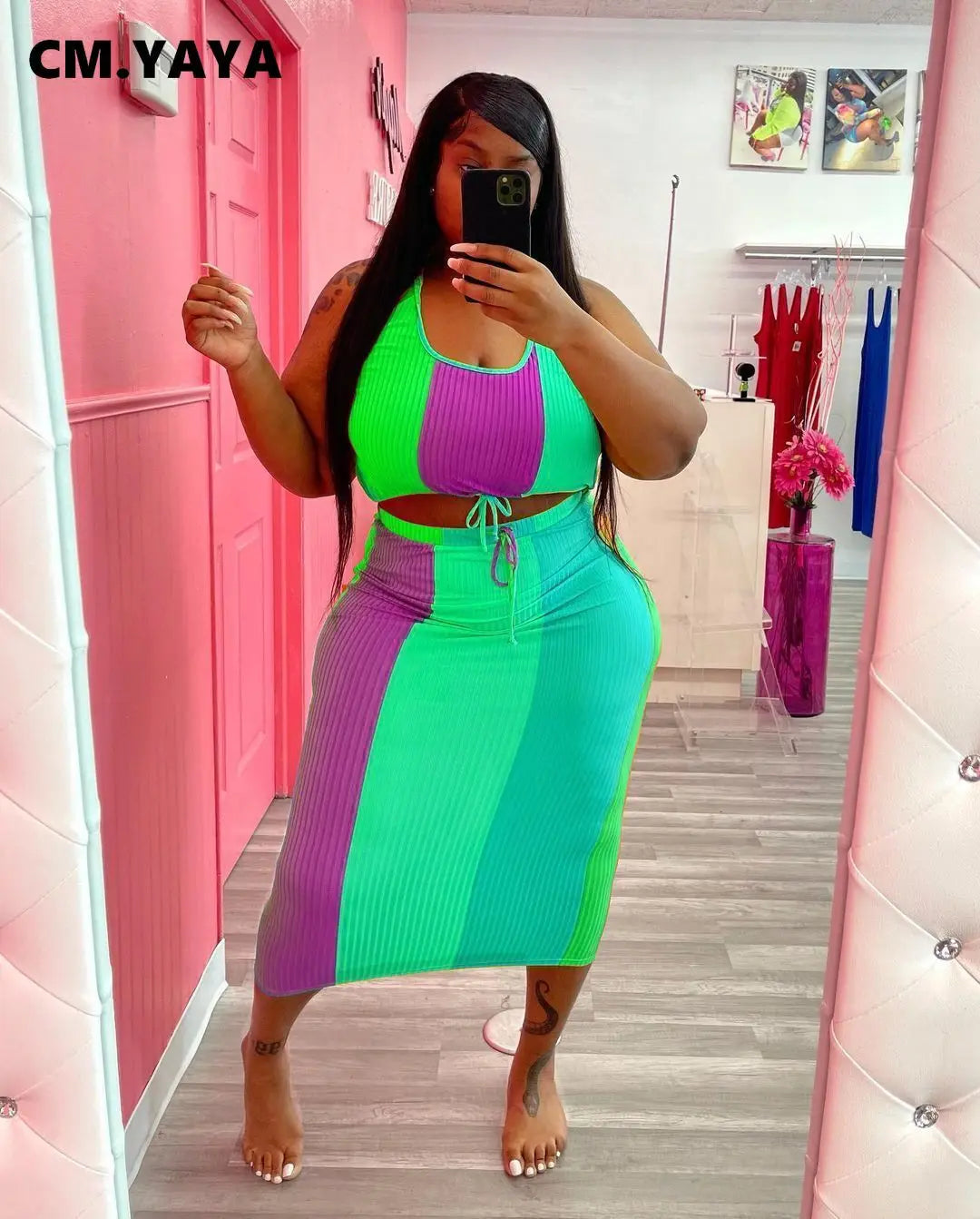 CM.YAYA Women Plus Size Set Patchwork Crop Tanks Tops Drawstring Waist Midi Skirts Two 2 Piece Sets Sexy Fashion Outfit Summer