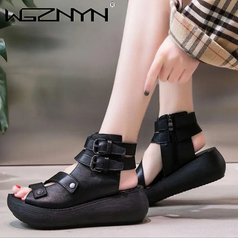 2023 Fish Mouth High Quality Soft PU Leather And Cowhide Summer Roman Shoes Women Sandals Platform Heighten Shoe Wedges Sandals