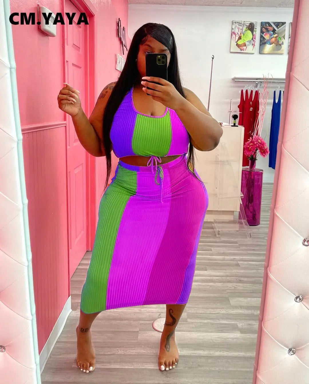 CM.YAYA Women Plus Size Set Patchwork Crop Tanks Tops Drawstring Waist Midi Skirts Two 2 Piece Sets Sexy Fashion Outfit Summer