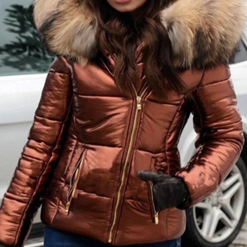 Women Thick Parka Fur Collar Hooded Jacket Coat 2021 Winter Ladies Casual Zipper Short Jacket Fashion Cotton Padded Warm Outwear