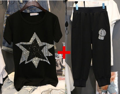 UHYTGF Loose size Two Piece Set Women Tracksuit Set Summer Tops For Womens  Casual Thin Sportswear Diamond Hat Top Pants 119